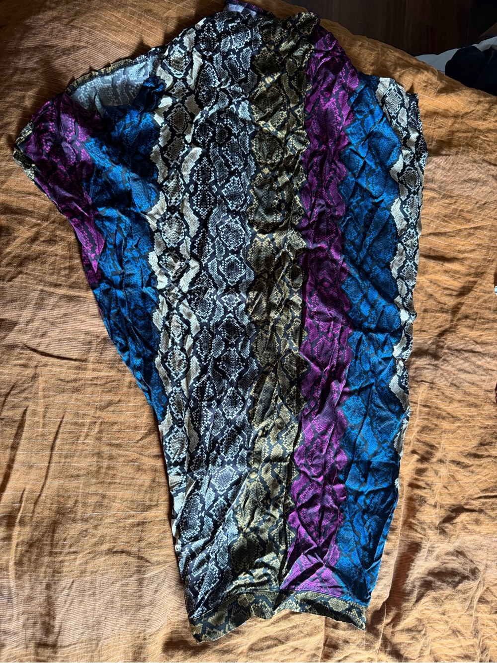 Asymmetrical Snake-Print Midi Skirt in Blue, Purple, Black